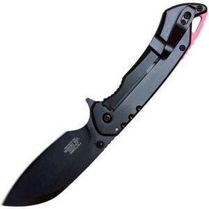 Assisted Open Folding Pocket Knife, Black Handle w/ Red Accents opened and upward cut blade