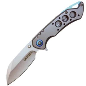 Assisted Open Folding Pocket Knife, Grey Handle w/ Blue Accents opened and downward cut blade