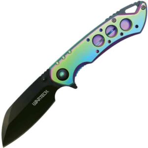 Assisted Open Folding Pocket Knife, Rainbow Handle w/ Black Accents opened and downward