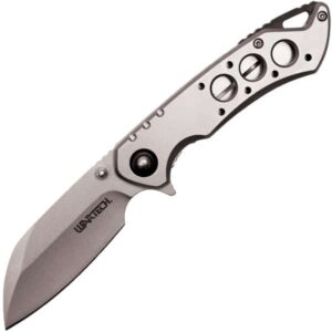 Assisted Open Folding Pocket Knife, Silver Handle w/ Black Accents opened and downward blade