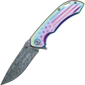 Assisted Open Folding Pocket Knife with Rainbow handle with American Flag Design downside and opened blade