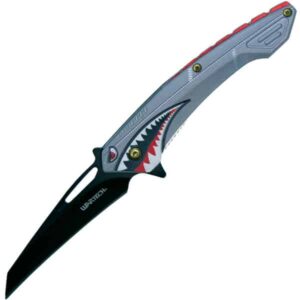 Assisted Open Folding Pocket Knife Gray with Flying Shark Design -blade opened downward