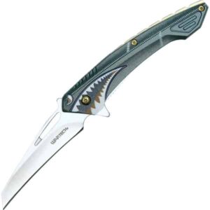 Assisted Open Folding Pocket Knife Green with Flying Shark Design overhand view opened blade downward blade