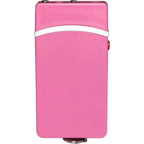 Fang Keychain Stun Gun and Flashlight with Battery Meter -pink color and the device has a top view