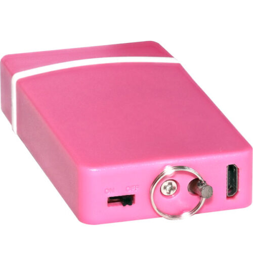 Fang Keychain Stun Gun and Flashlight with Battery Meter -pink color and the device has a rear view