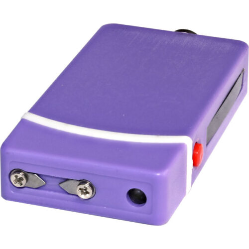 Fang Keychain Stun Gun and Flashlight with Battery Meter -purple color and the device has a front view