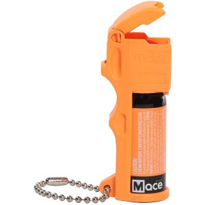Mace® Pocket Model Pepper Spray – Neon Orange. The spray is the right side and the chain is toward the left